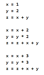 x = 1  y = 2  z = x + y  x = x + 2  y = y * 2  z = z + x + y  x = x + 3  y = y * 3  z = z + x + y