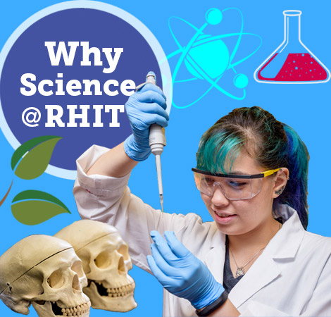 Colorful graphics with female student in science lab