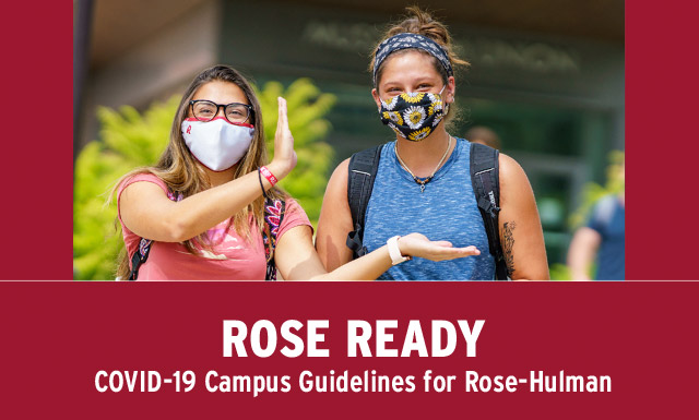 !Images of female students wearing face masks on cover of Rose-Hulman Rose Ready guide.