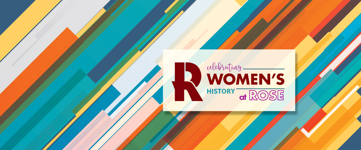 Graphic of diagonal lines and various colors with the words Celebrating Women's History Month