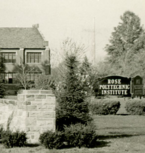 Vintage black and white photo of Rose Polytechnic sign near front entrance.