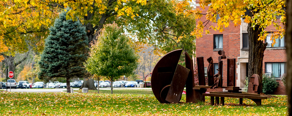 Metal sculpture on the front lawn of Olin Advanced Learning Center.