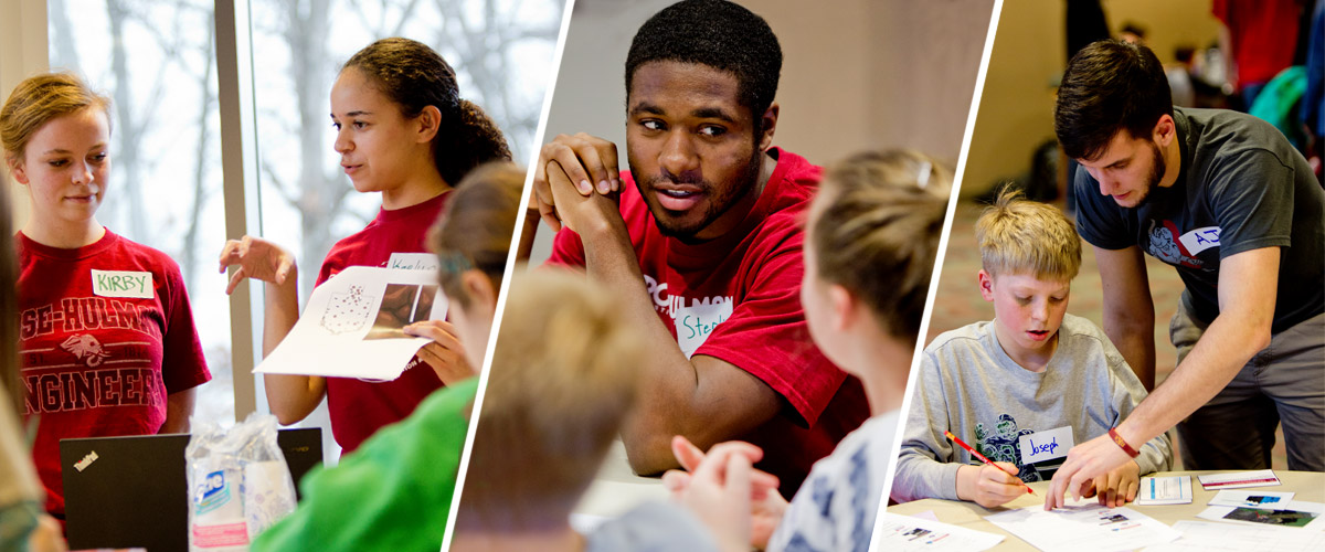 Rose-Hulman students working with younger students during a Grand Challenges K-12 outreach workshop.