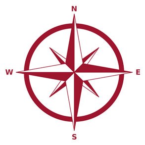 A directional compass showing North, East, South, and West.