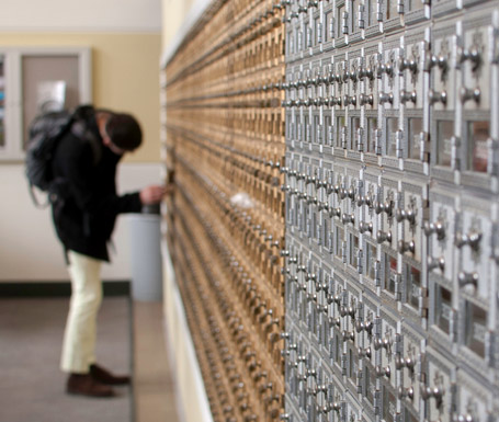 !A bank of campus mailboxes in Moench Commons.