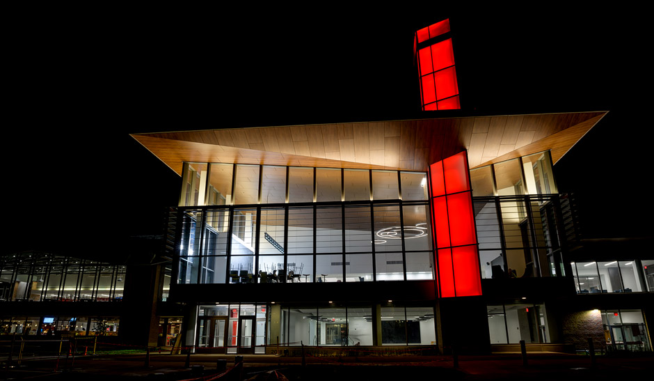Exterior of Hulman Memorial Student Union with construction equipment