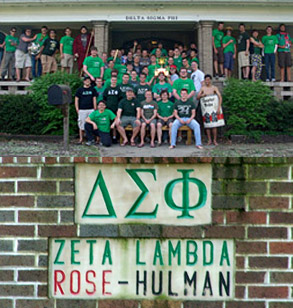 Wearing their green colors, many members of Delta Sigma Phi pose at their fraternity house.