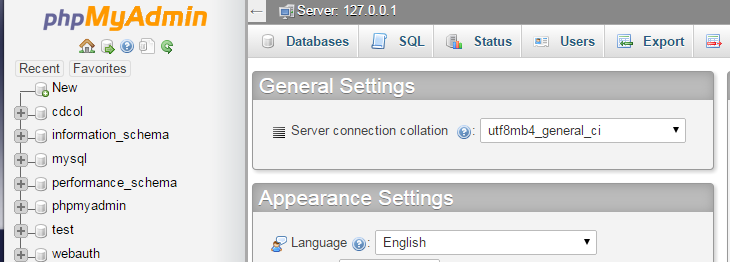 phpmyadmin after first login