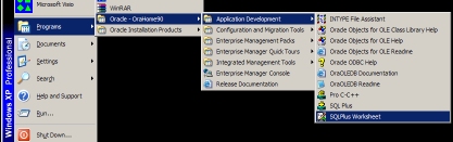 Start Menu selection of Oracle SQLPlus Worksheet