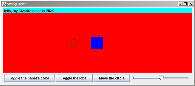 The SwingDemo2 project when finished - a JLabel, JComponent, JPanels and JButtons are displayed