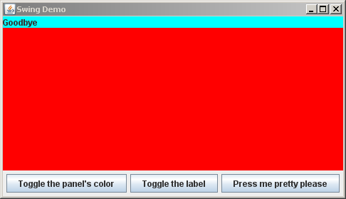 Frame has toggled the label on it to Goodbye