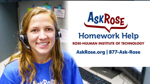 Image shows Ask Rose student tutor smiling while wearing a telephone headset to talk with students requesting help.