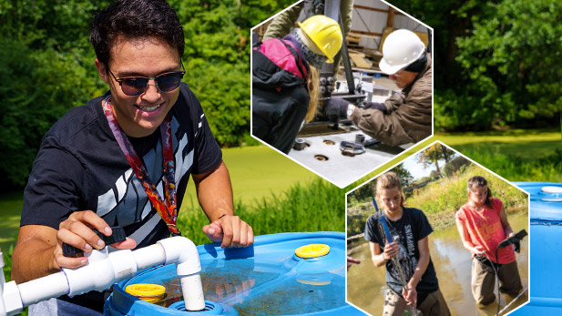 Three images together of civil engineering students working on outdoor projects, including one with students standing in a creek.