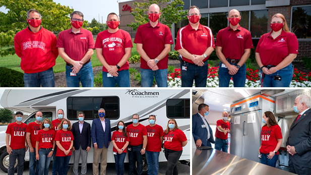 Three images show Eli Lilly employees standing outside of their facility wearing masks to protect against spread of COVID-19.