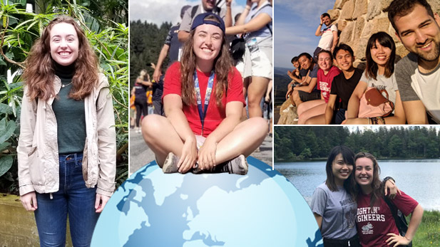 Four different images of students enjoying international experiences, including a student sitting on top of an image of the globe.