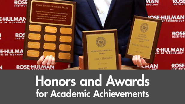 Image shows one award by itself and a student holding two different academic awards.
