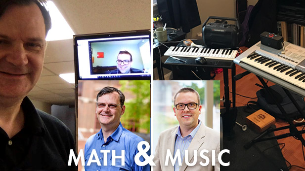 Image shows Drs. Rickert and Chapman. Rickert is teaching online. Chapman's area of the photo includes two electric keyboards.