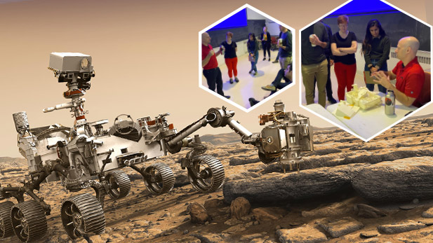 The Mars Rover is shown transposed on the Martian surface next to images of Brian Monacelli meeting with students at Rose-Hulman.