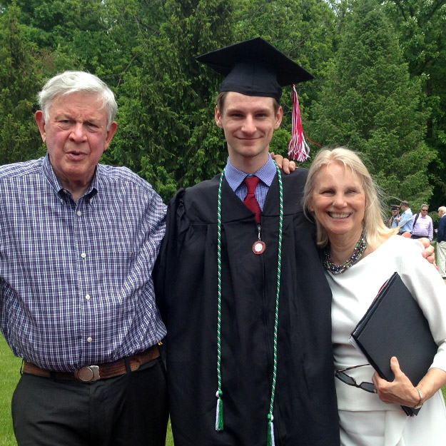 Bev and Marian Compton stand with their son at Rose-Hulman on Commencement Day.