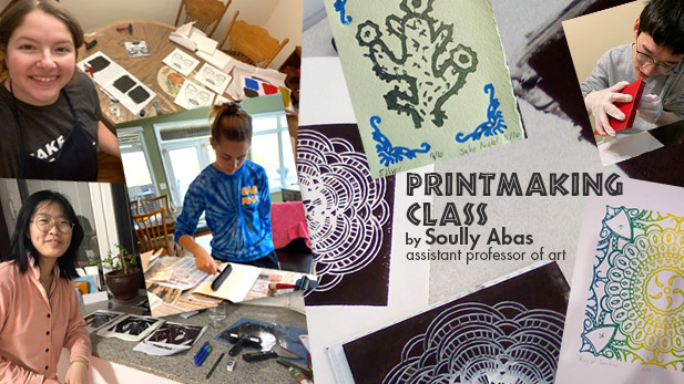 Photo montage showing four students working on their art, 3-D printing projects. 