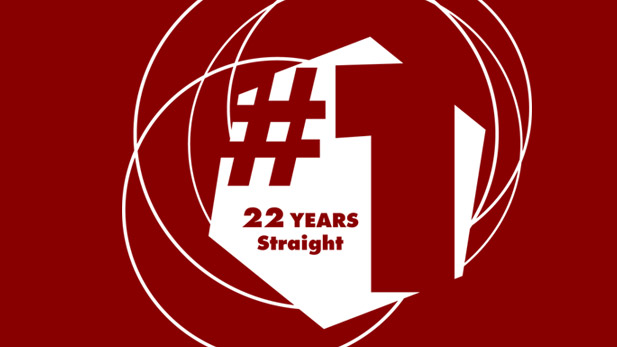 Rose-Hulman's red and white 2020 No. 1 logo. 