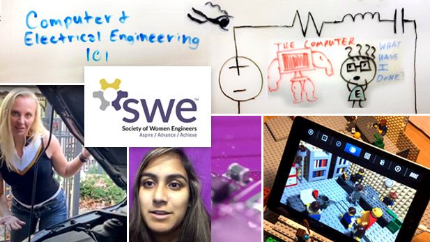Image shows scenes from the featured videos, including white board images and two female Rose-Hulman students presenting engineering concepts. Also the SWE logo is featured.