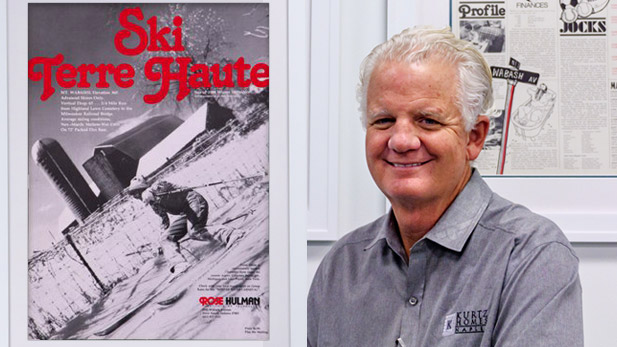 Image shows the Ski Terre Haute poster next to a smiling Randy Kurtz.