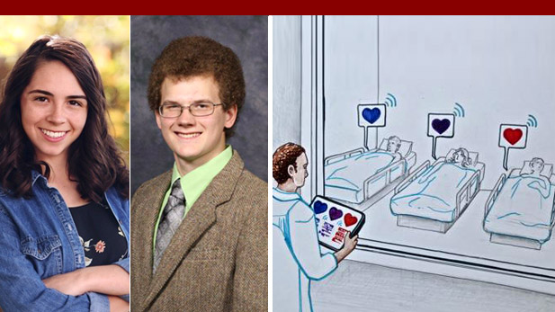 Three images together. One shows Carla Archuleta, the other Abel Keeley and the third is a drawing of a health care professional monitoring patients using the device the students developed.