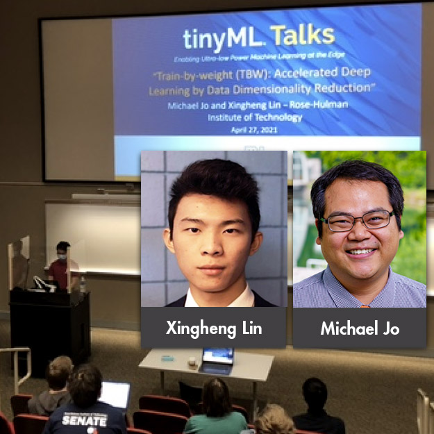 Xingheng Lin and Michael Jo superimposed on a background image of Xingheng Lin making his presentation in a large classroom.