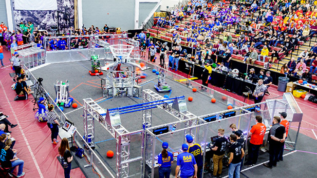 Robots competing at the First Robotics State Championship held at Rose-Hulman.