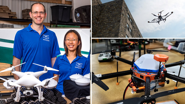 Photo collage showing Marcie and Adam Morrison and their drones.