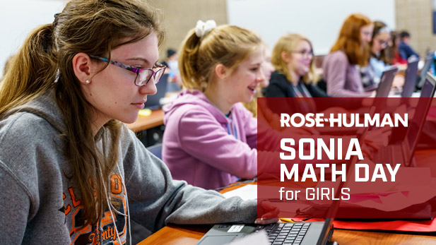 A group of girls study math problems at Rose-Hulman's Sonia Math Day.