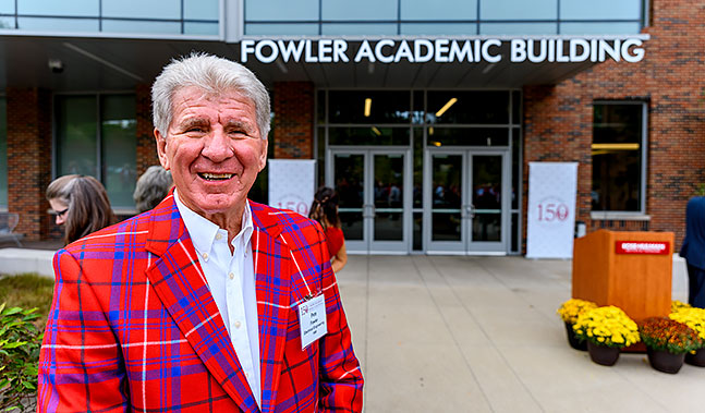 Pete Fowler in front of the Fowler Academic Building at Rose-Hulman.