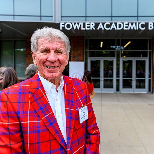 Pete Fowler in front of the Fowler Academic Building at Rose-Hulman.