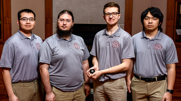The Rose Miners team: were seniors (from left) Nathan Loafman, Xander Good, William Gardner, and Xianshun Jiang. Faculty advisors were Olga Scrivner and John McSweeney