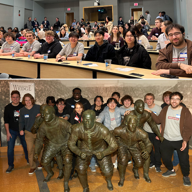 There are three images of a group of Rose-Hulman students attended the Crossroads Classic Analytics Challenge kickoff at the NCAA Headquarters in Indianapolis.