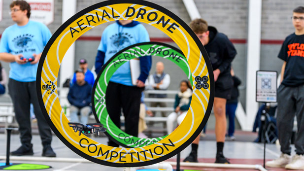 Teams navigate obstacles during the Teamwork Challenge of the REC Foundation Aerial Drone Competition.