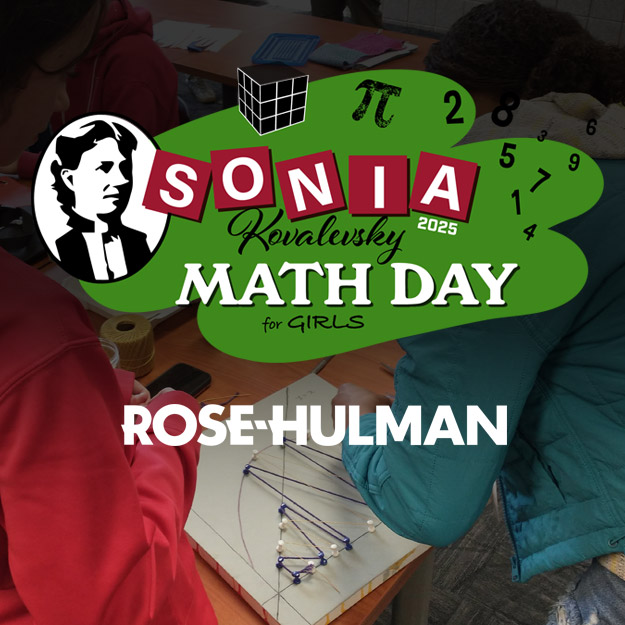 Artwork for Sonia Math Day features Sonia Kovalevsky's face, a Rubik's cube, and the symbol for pi.