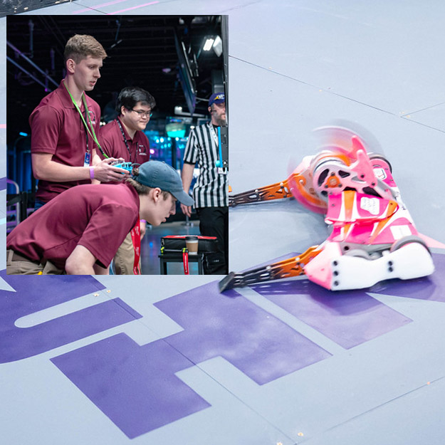 Left: Combat Robotics operates their robot. Right: The pink Combat Robotics bot knocks out an opponent in competition.