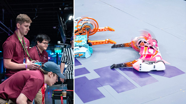 Left: Combat Robotics operates their robot. Right: The pink Combat Robotics bot knocks out an opponent in competition.