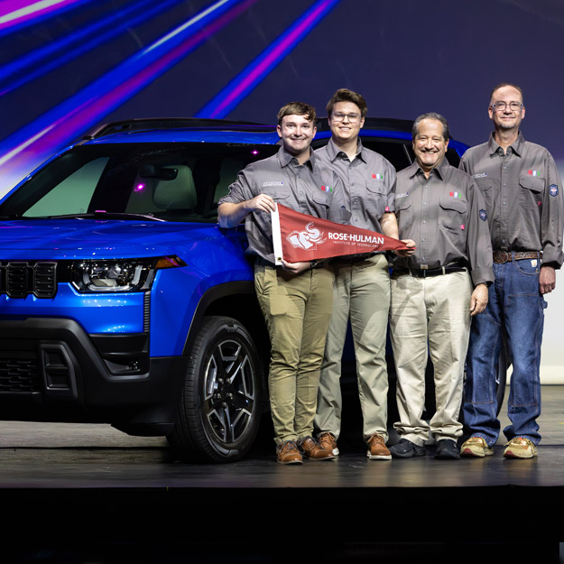Rose-Hulman students Reese Rouch and Brian Fischer join faculty Marc Herniter, PhD, and Zac Chambers, PhD, at the April 13, 2026 EcoCar Challenge launch.