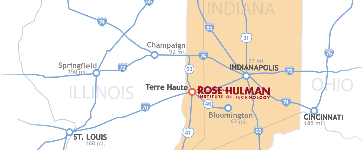 Image is map of Indiana, Illinois and Ohio with Indiana highlighted in beige with a red circle around Terre Haute and the Rose-Hulman logo printed at the school’s location.