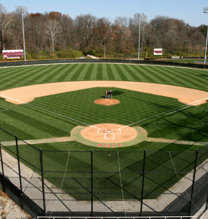 Elevated view is from behind home plate at Art Nehf Field. The grass is green and the field is ready for a baseball game.